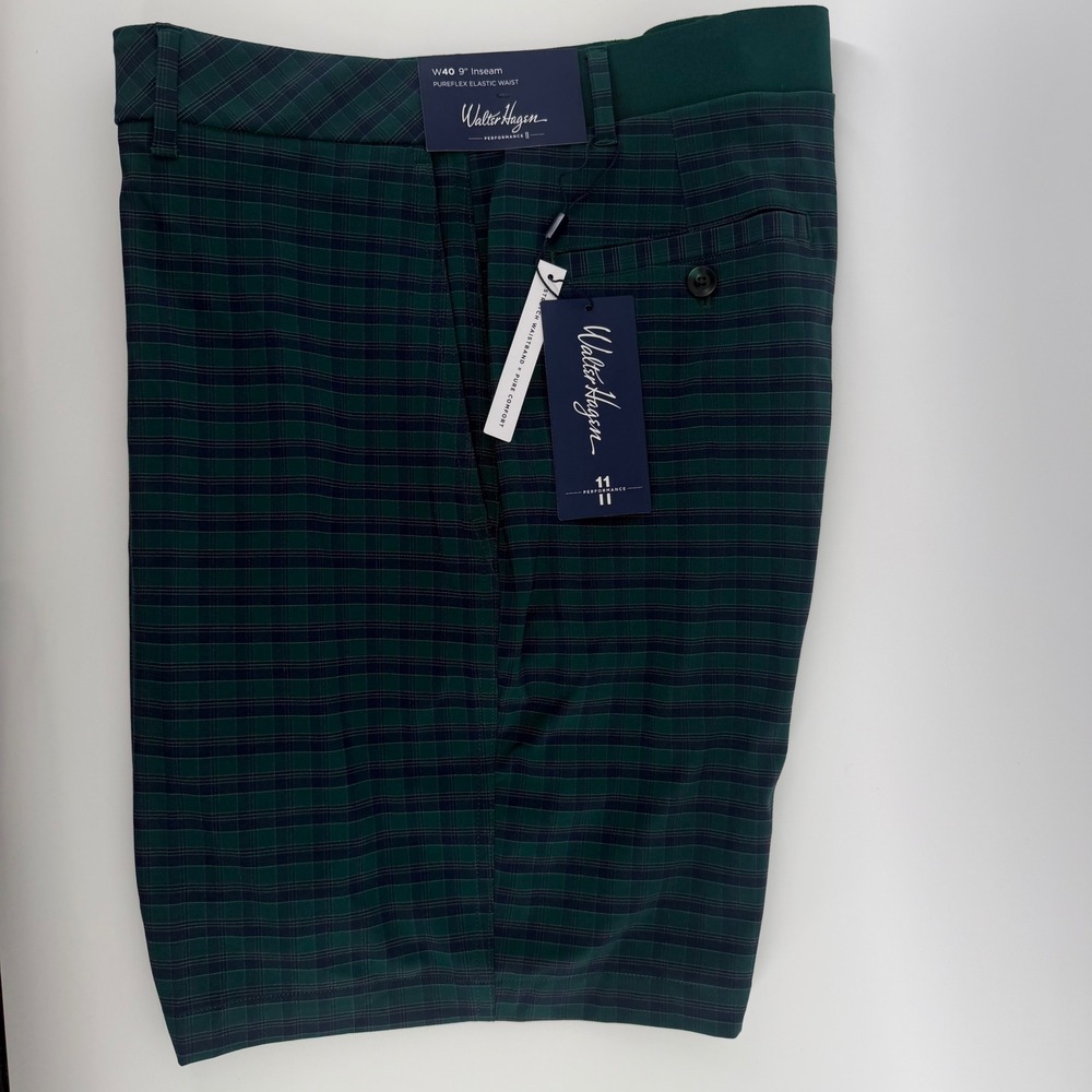 Walter Hagen Mens 40 P11 Pureflex Performance 9" Golf Shorts Tartan Dark‎ Green
